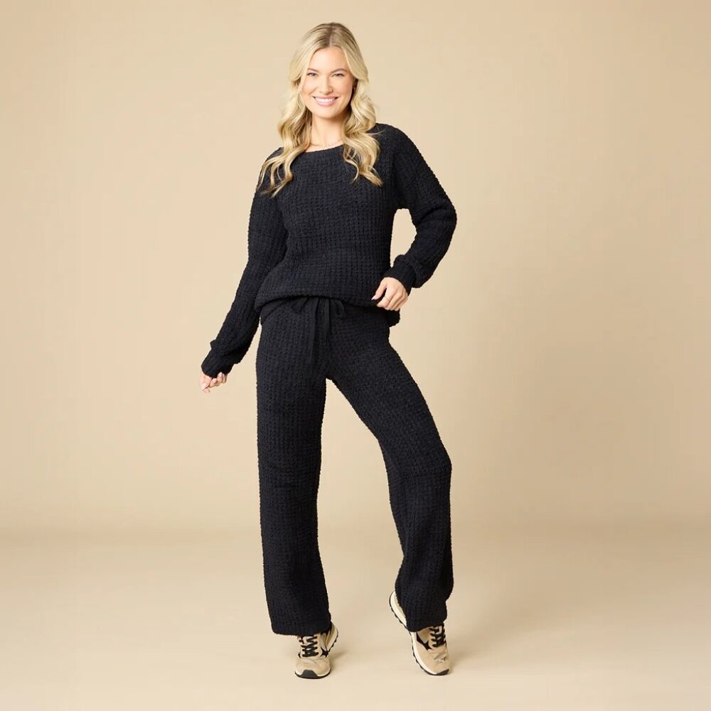 Softies Waffle Marshmallow Boatneck Lounge Set in Black Size X-Small